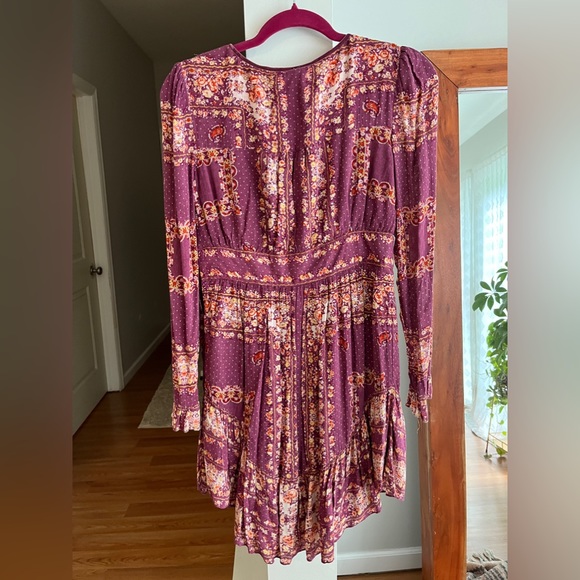 FREE PEOPLE Bridgette Floral Long Sleeve Boho Mini Dress In Berry Combo - Picture 6 of 9